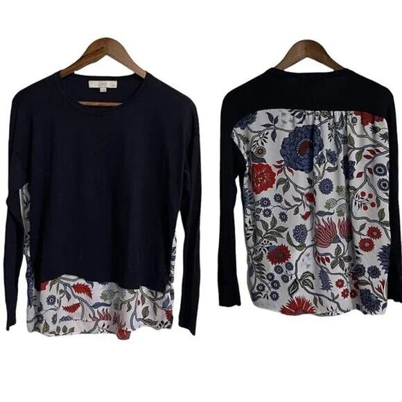 NWT LOFT Floral Semi Sheer Knit Top Sweater Navy Blue Small Fall Botanical Chic - Picture 5 of 5